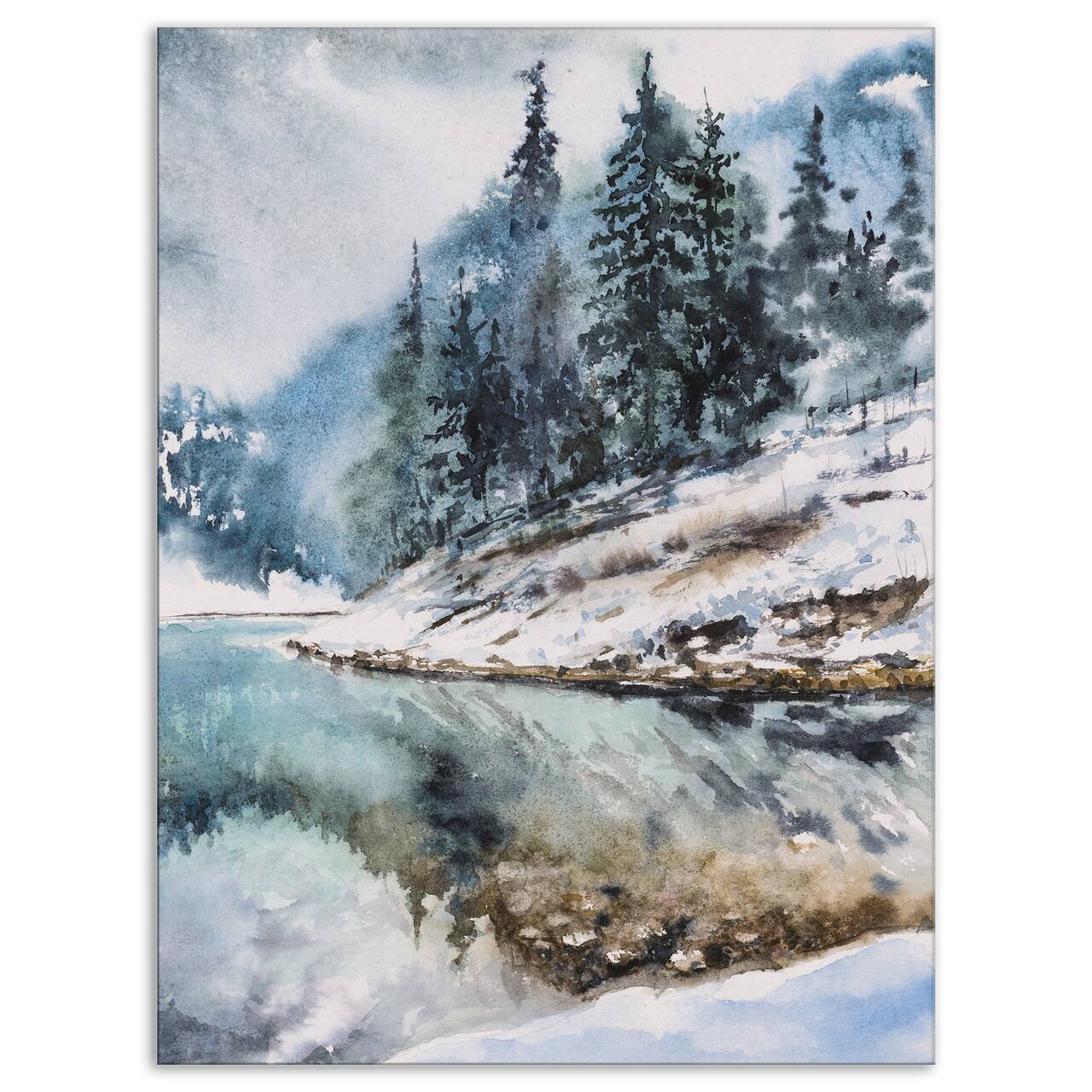 Designart - Mountain Hill Reflected in Water - Landscapes Painting Print on Wrapped Canvas